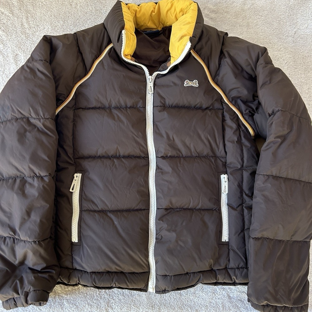Le Tigre Puffer Jacket Size XS Brown/Yellow Full Zip Closure & Pockets Duck Down